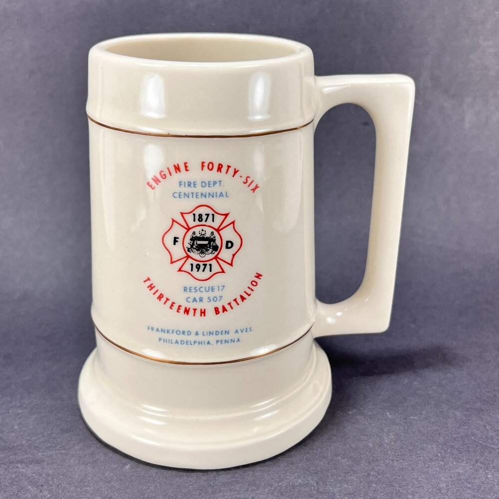 Vtg Engine 46 Philly Fire Dept PA Beer Stein Mug Firefighter Ceramic Pottery 70s